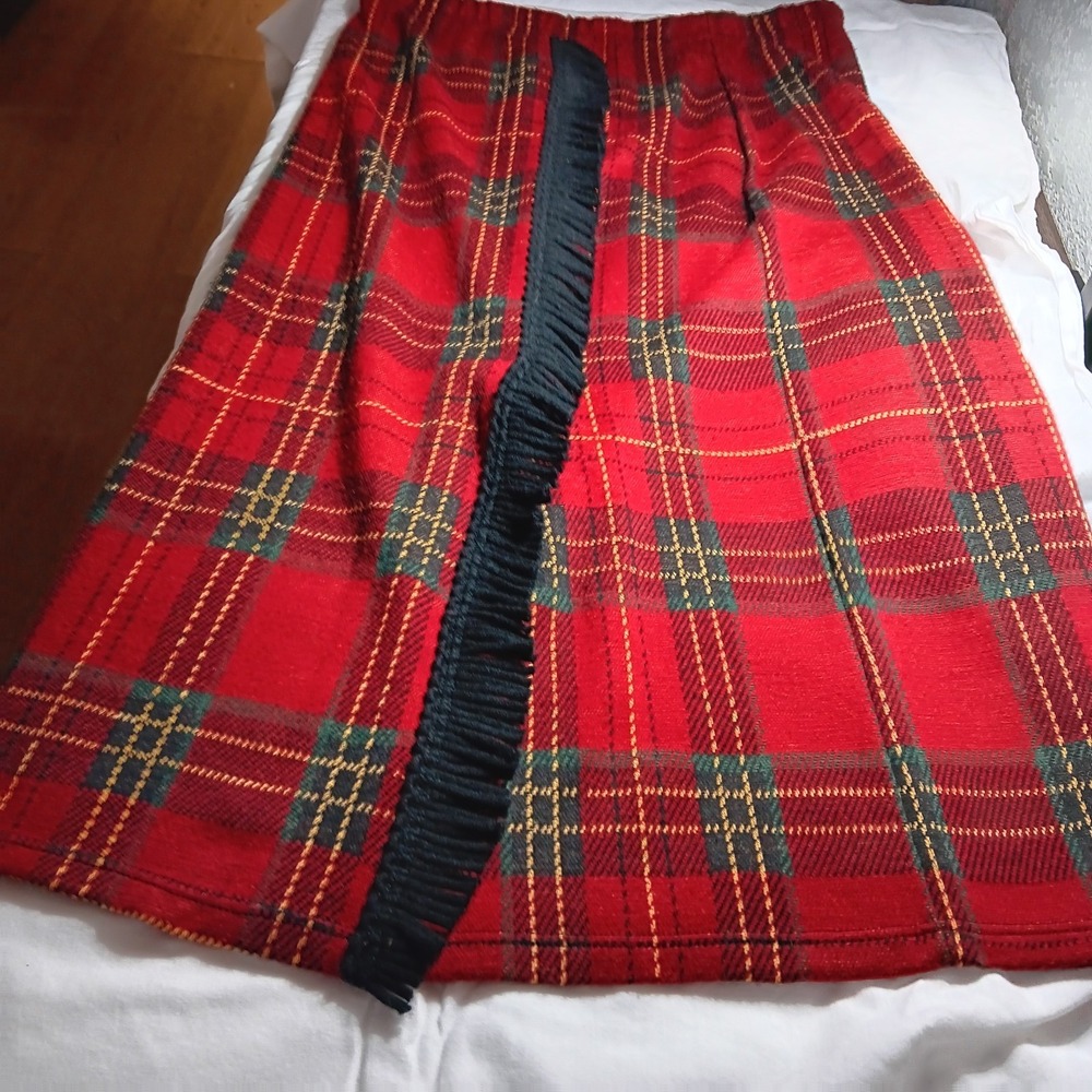 Nina Leonard Skirt Sz L Scottish Plaid Costume Elastic Fringe Midi Slit EUC